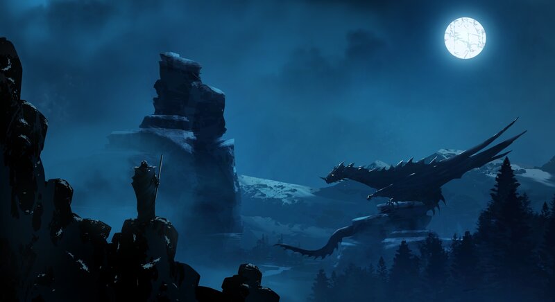 Dragon and Warrior — Blue, Dramatic, Night, Digital Art, Moon, Mountain
