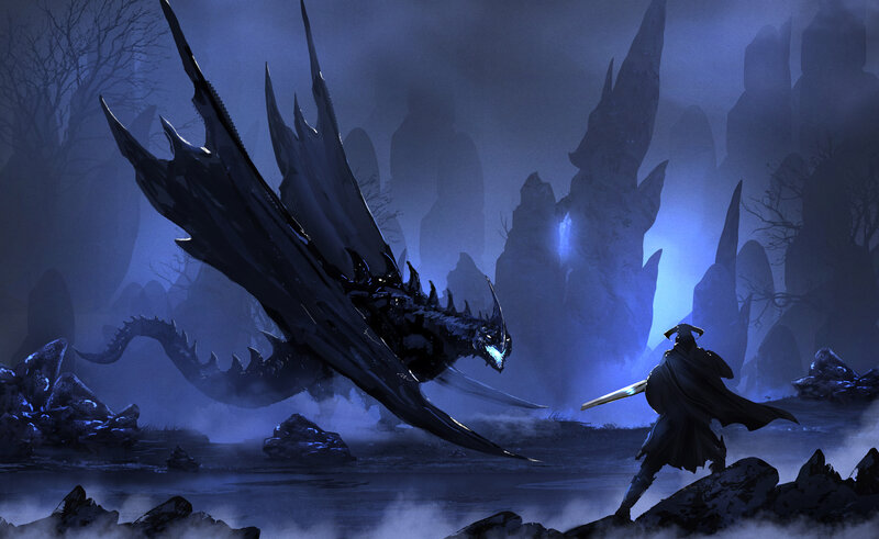 Dragon and Warrior — Blue, Dramatic, Night, Digital Art, Sword
