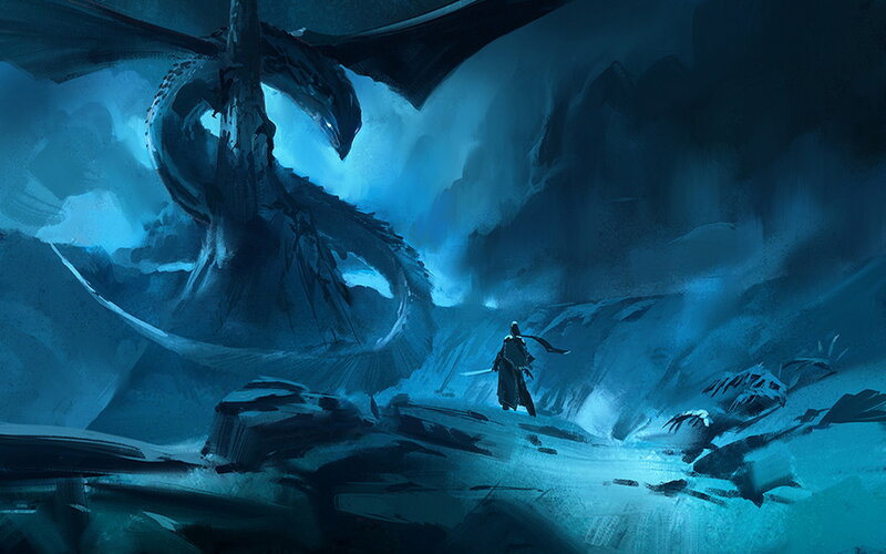 Dragon and Warrior — Blue, Dramatic, Night, Digital Art