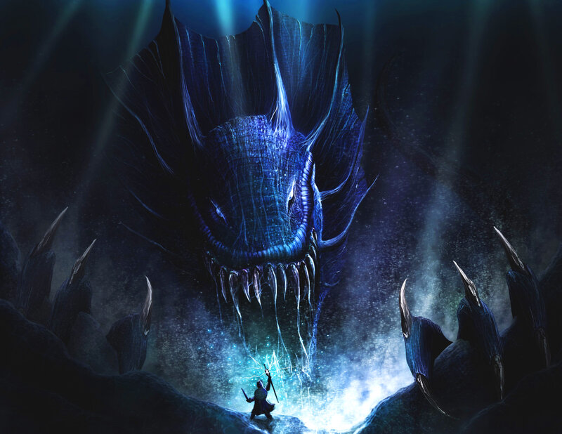 Dragon and Warrior — Blue, Dramatic, Night