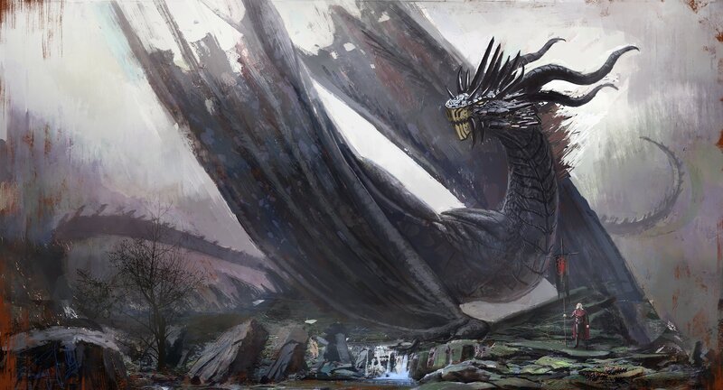 Dragon and Warrior — Gray, Dramatic, Digital Art, Mountain