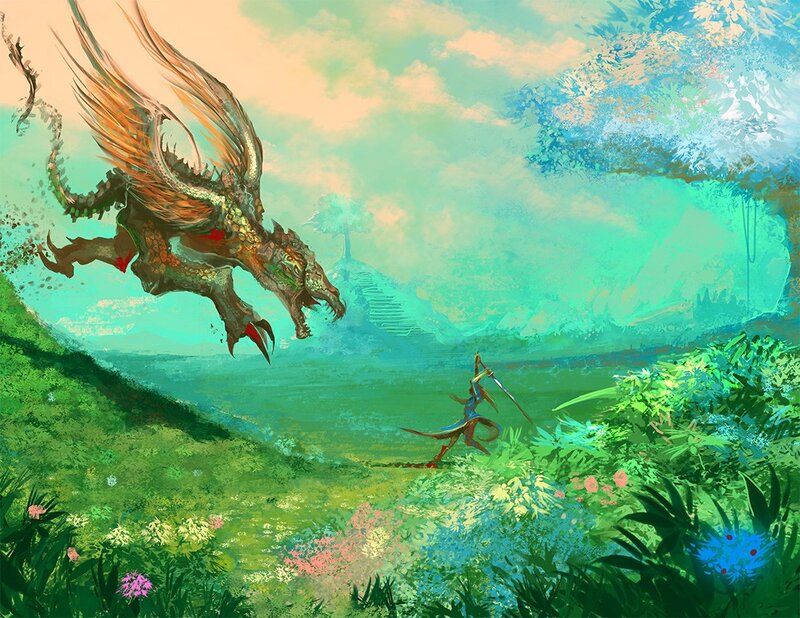 Dragon and Warrior — Green, Dramatic, Afternoon, Digital Art