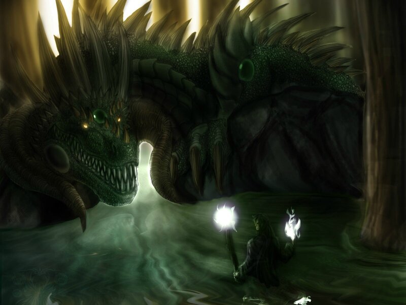 Dragon and Warrior — Green, Dramatic, Night, Digital Art, Water