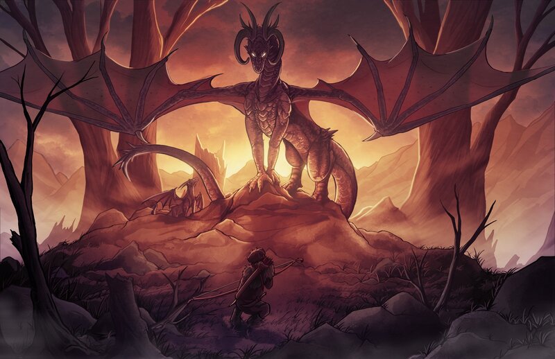 Dragon and warrior in a desolate land