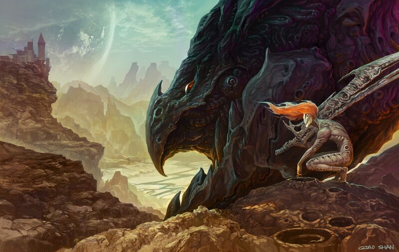 Dragon and warrior in a fantasy landscape