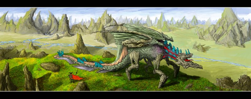 dragon and warrior in a fantasy landscape