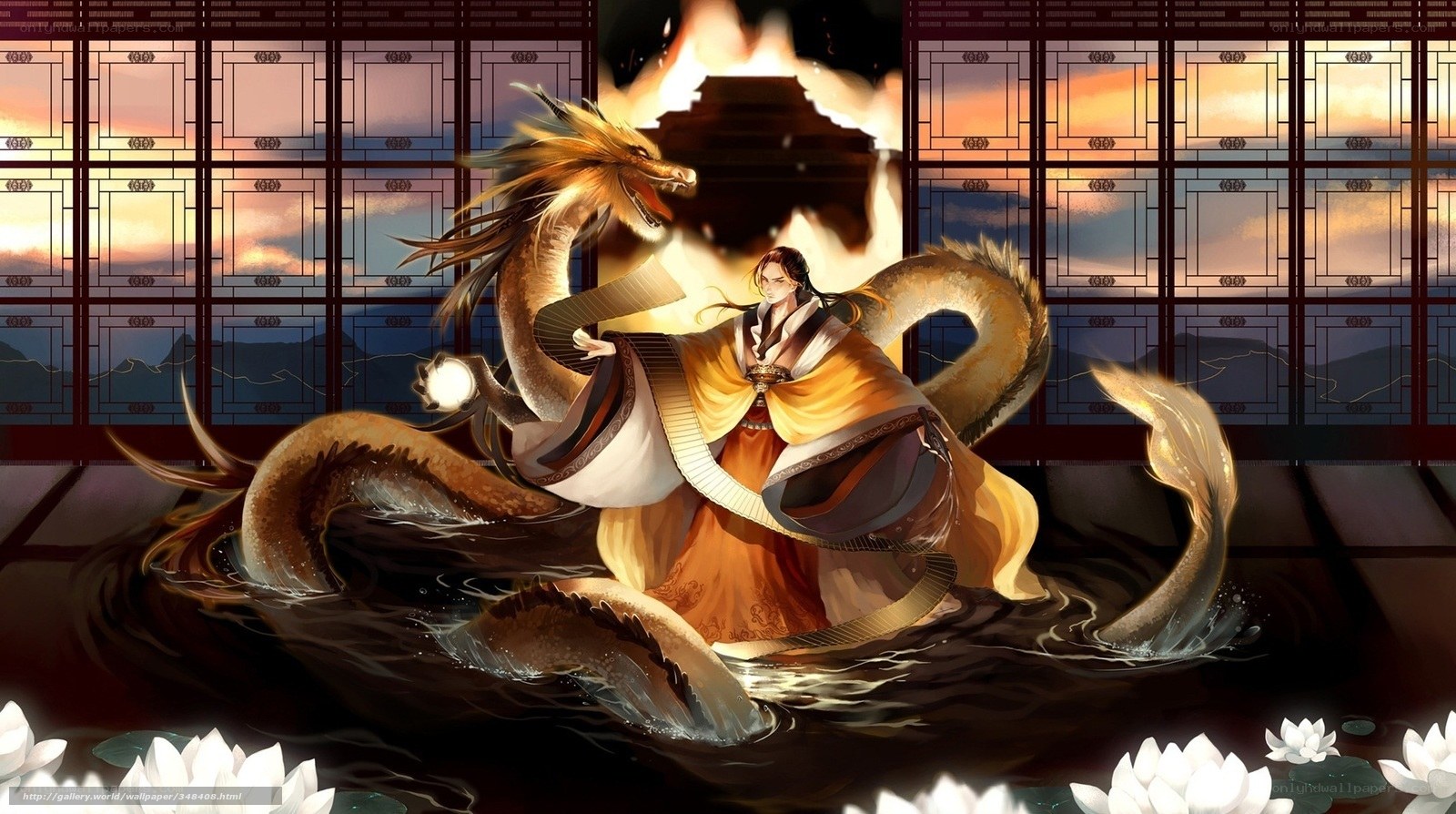 Dragon and warrior in a temple
