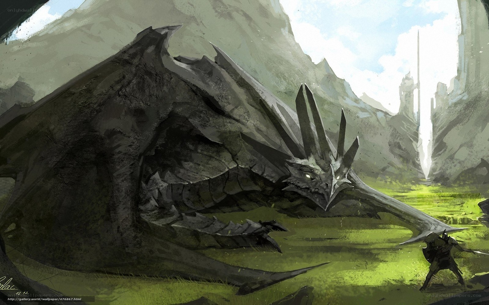 dragon and warrior in a valley