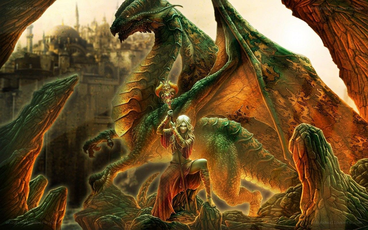 dragon and warrior in ancient ruins