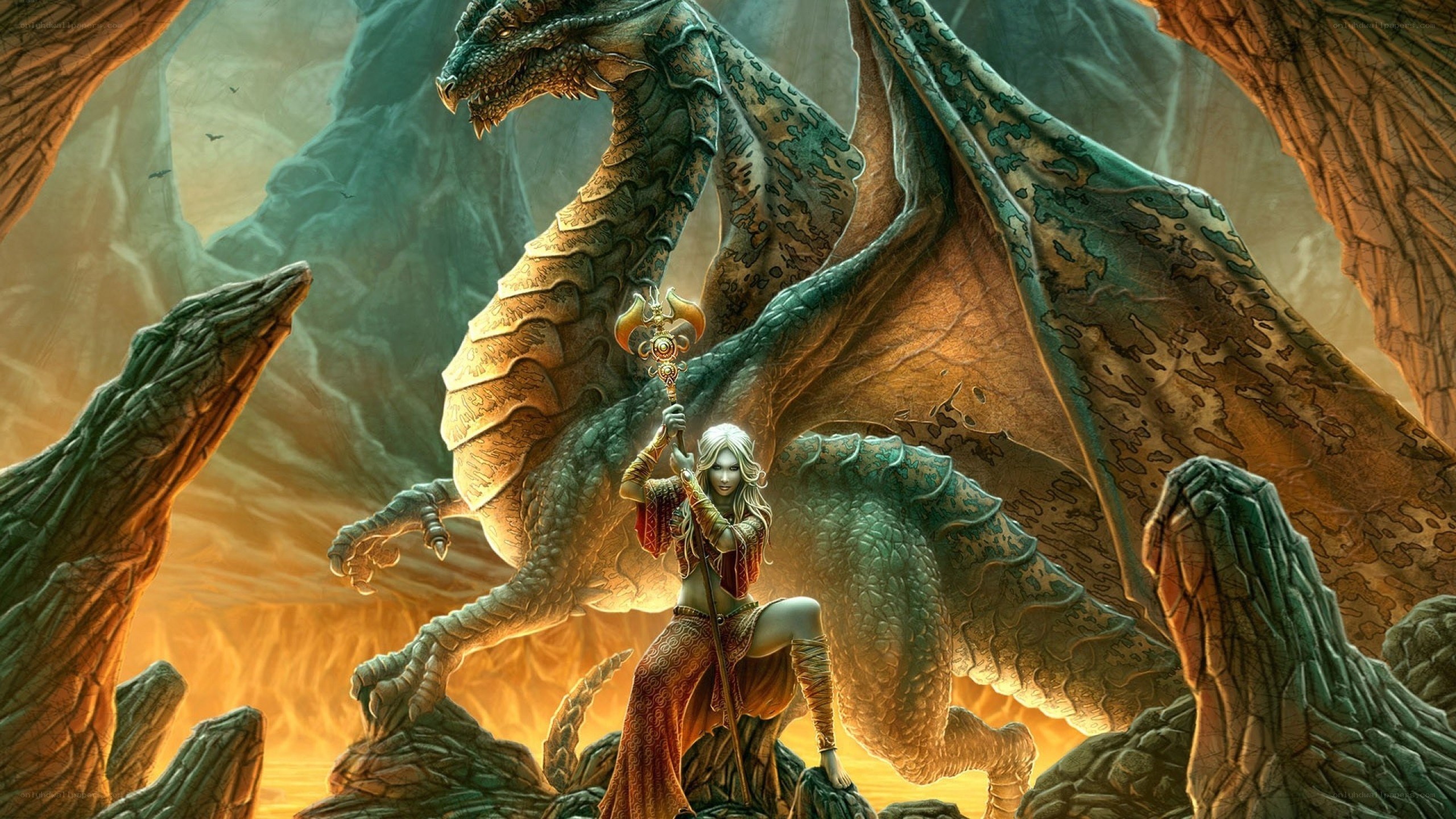 dragon and warrior in cave