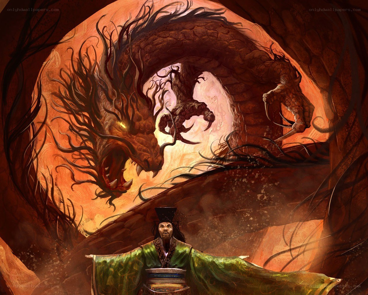 Dragon and warrior in cave