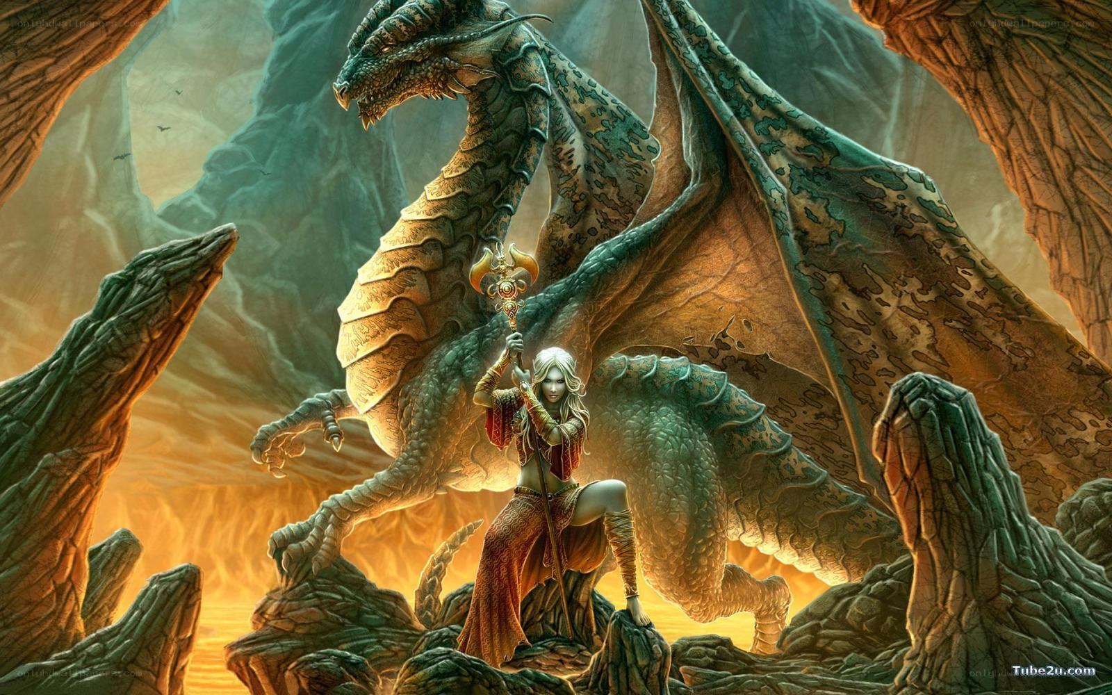 dragon and warrior in cave