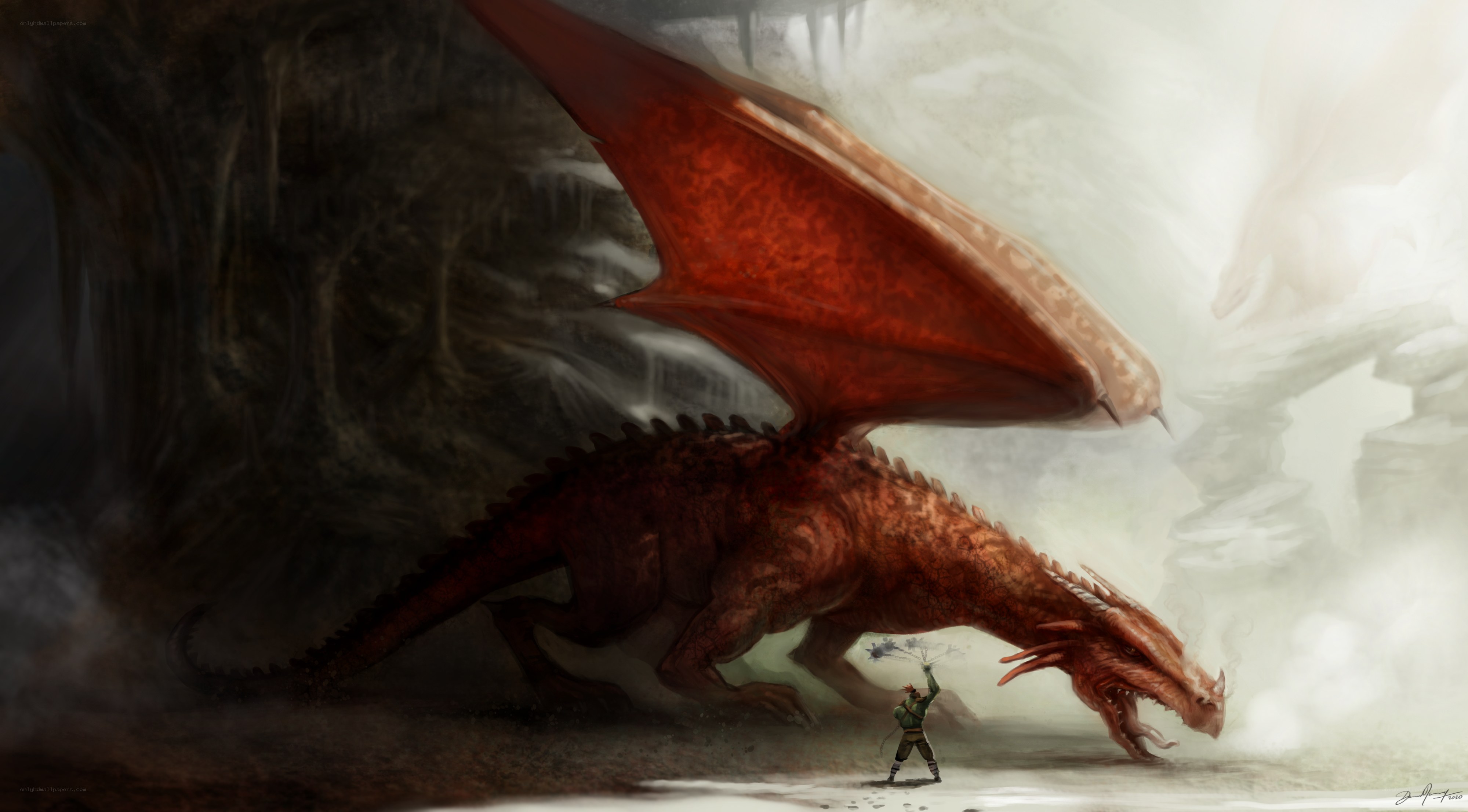 dragon and warrior in cave