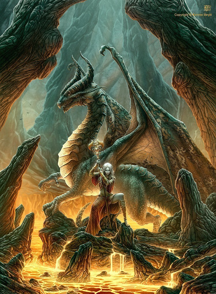 dragon and warrior in cave