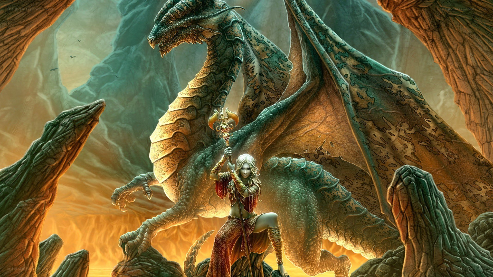 dragon and warrior in cave