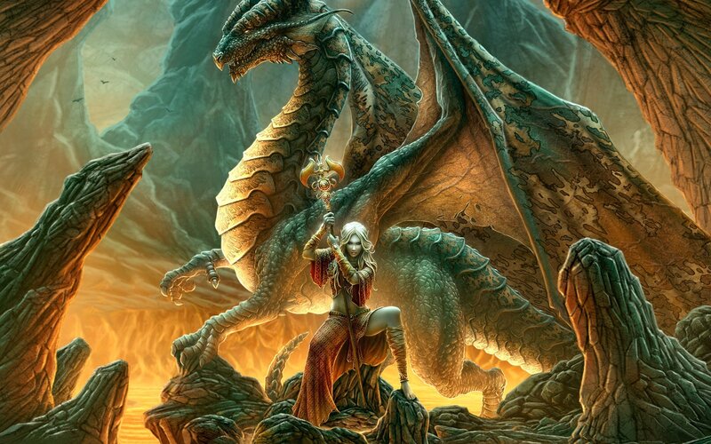 dragon and warrior in cave
