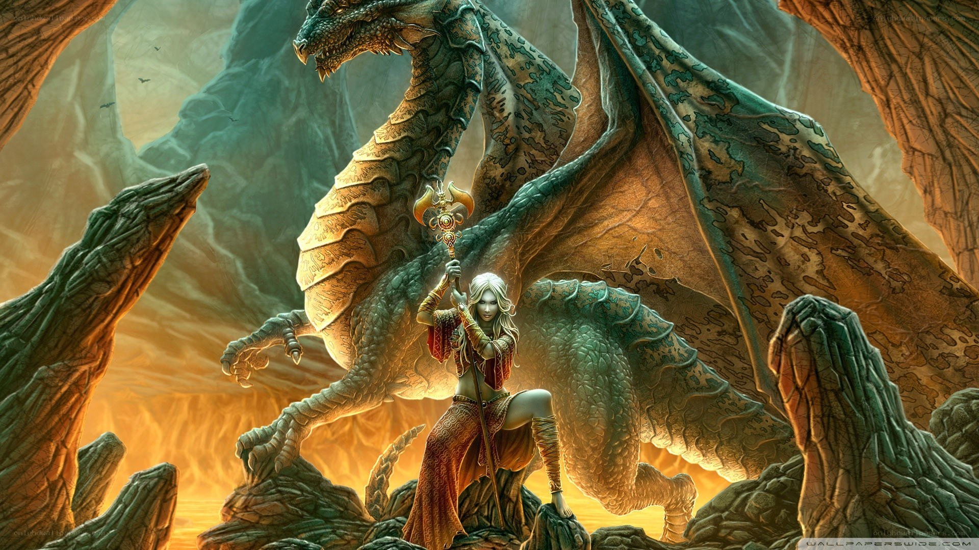 dragon and warrior in cave