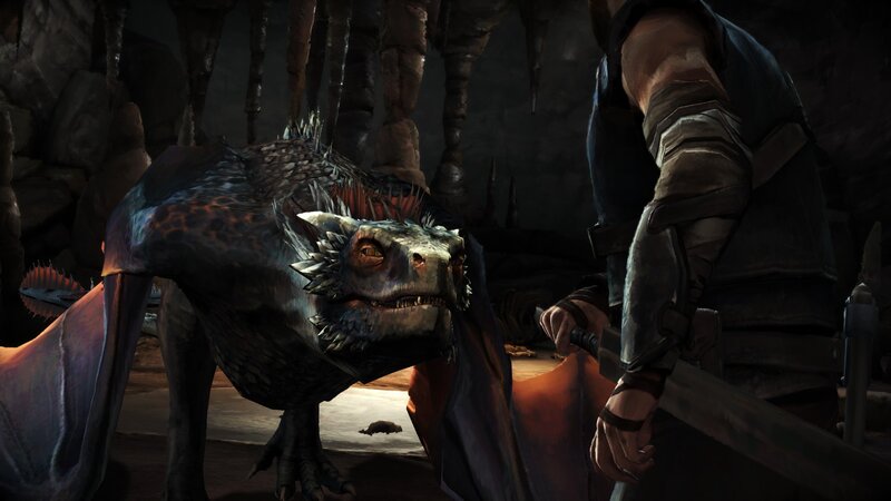 Dragon and Warrior in Cave — Gray