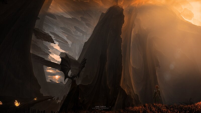 Dragon and Warrior in Cave — Orange