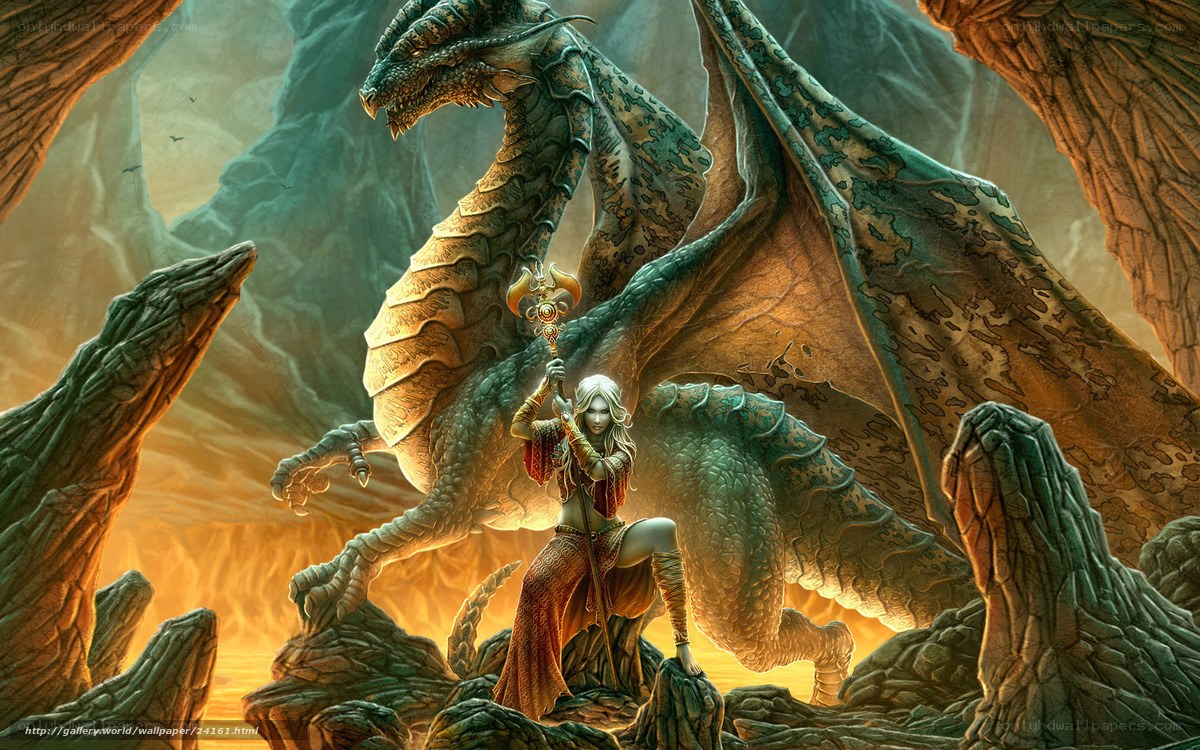 dragon and warrior in cave