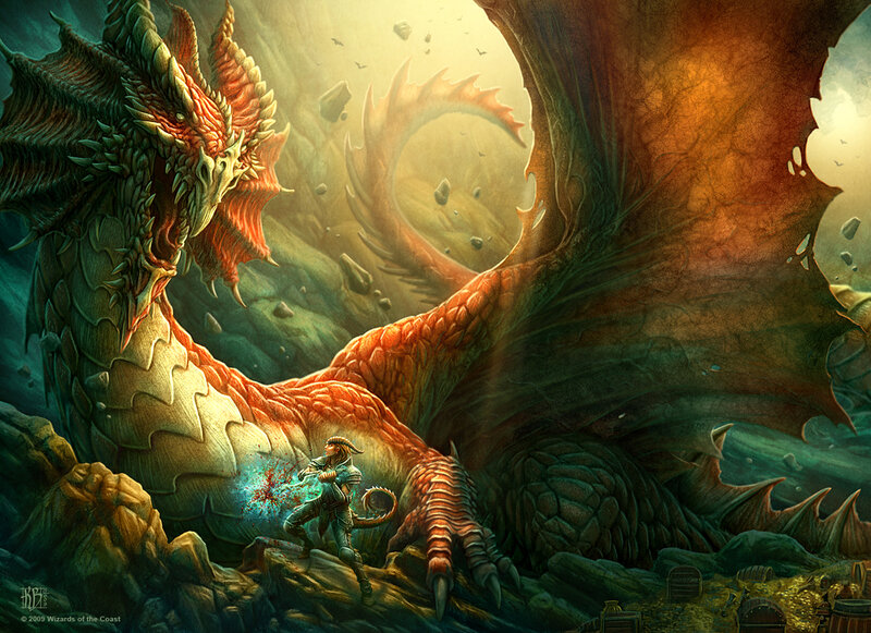 Dragon and warrior in cavern