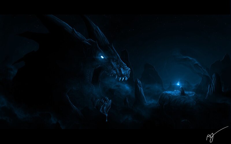dragon and warrior in dark cave