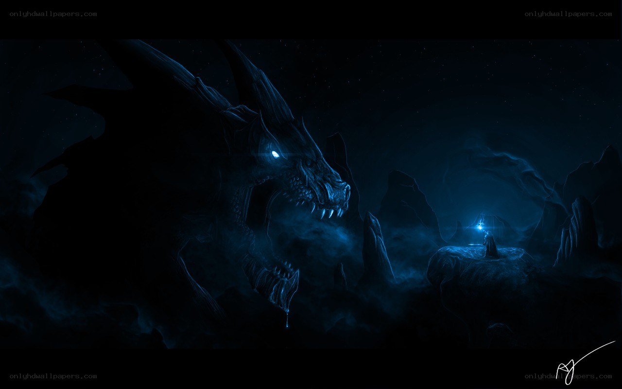 dragon and warrior in dark cave