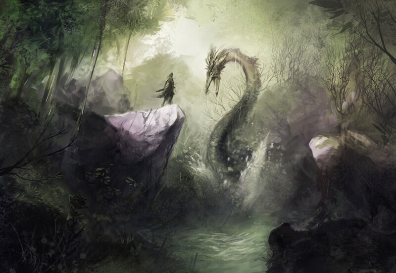 Dragon and Warrior in Forest