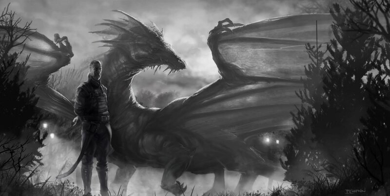 dragon and warrior in mist