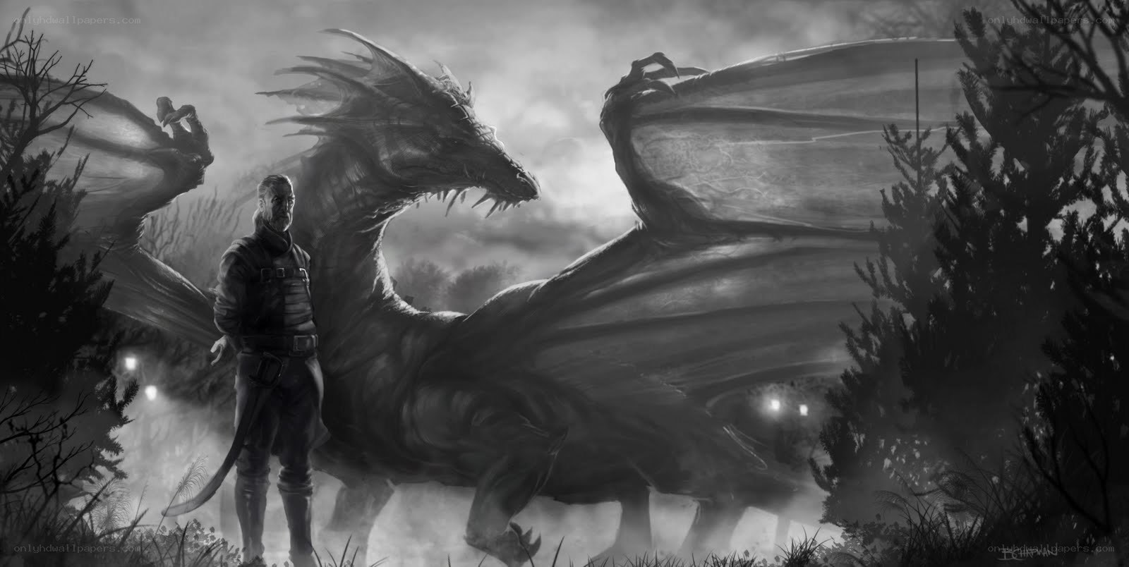 dragon and warrior in mist