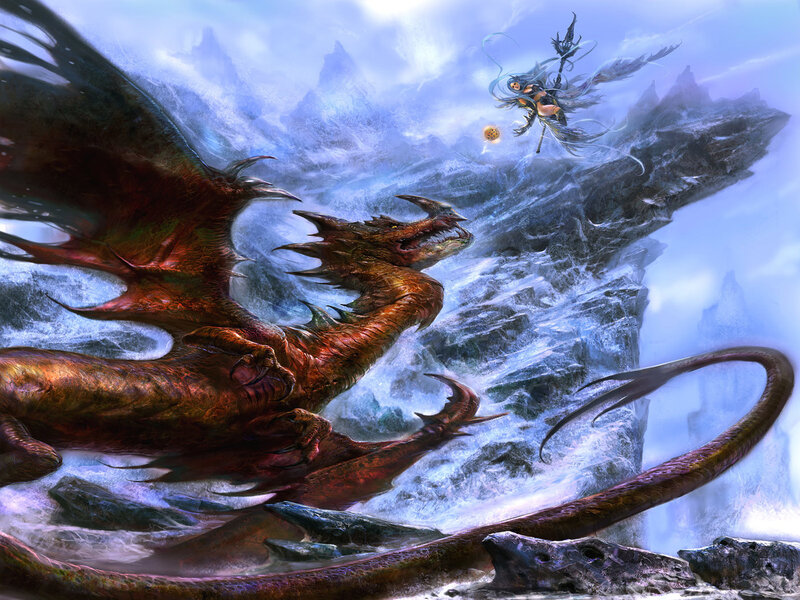Dragon and warrior in mountain battle
