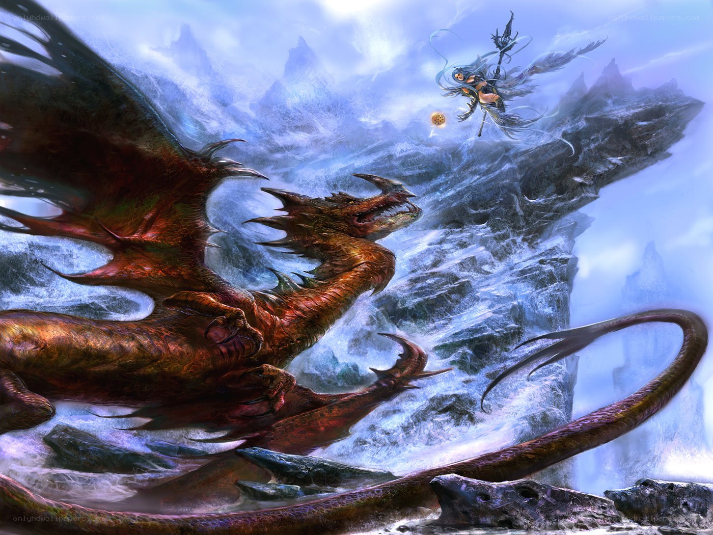 Dragon and warrior in mountain battle
