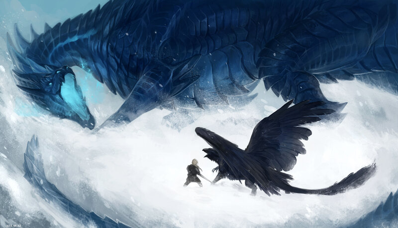 Dragon and Warrior in Snow — Blue