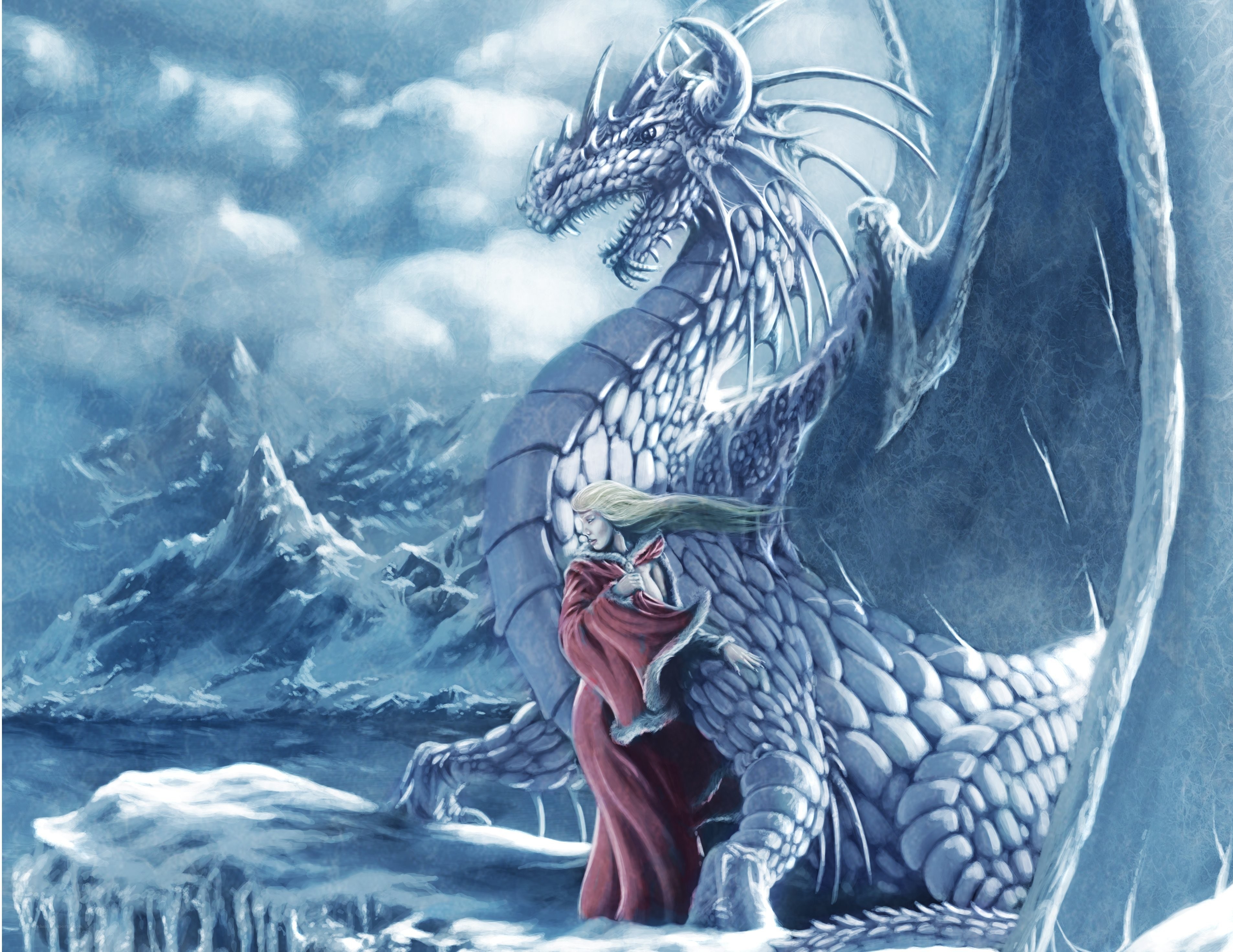 dragon and warrior in snowy landscape