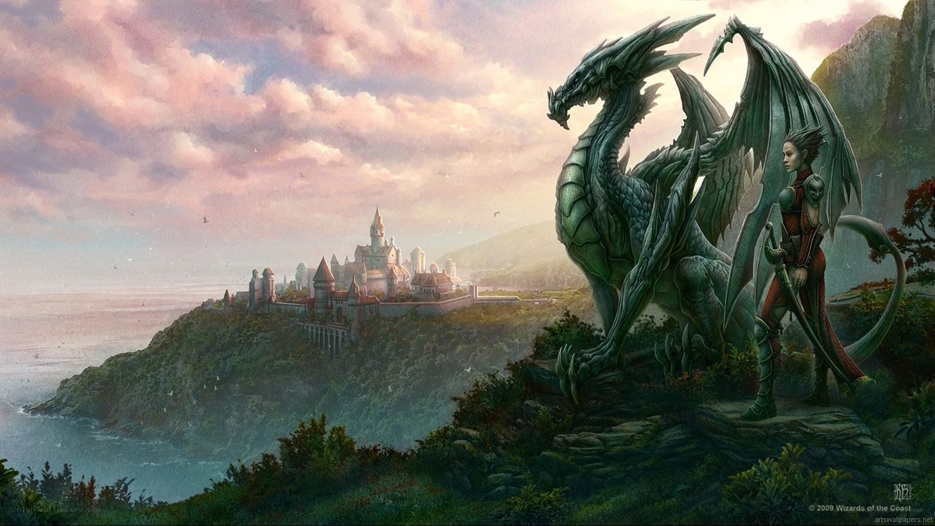 dragon and warrior on a cliff
