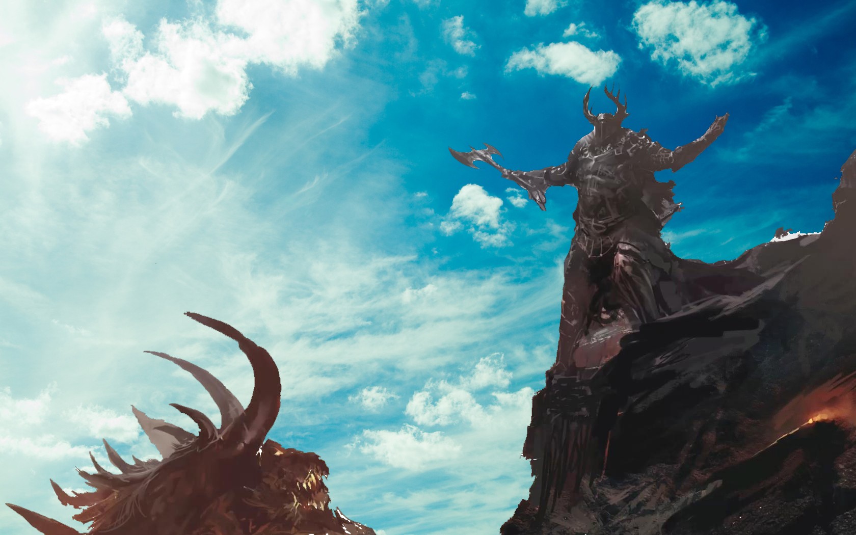 dragon and warrior on a cliff