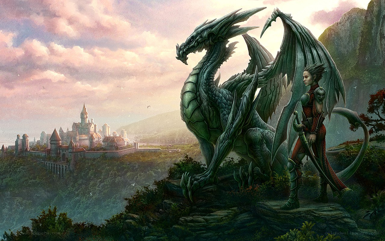 dragon and warrior on a cliff