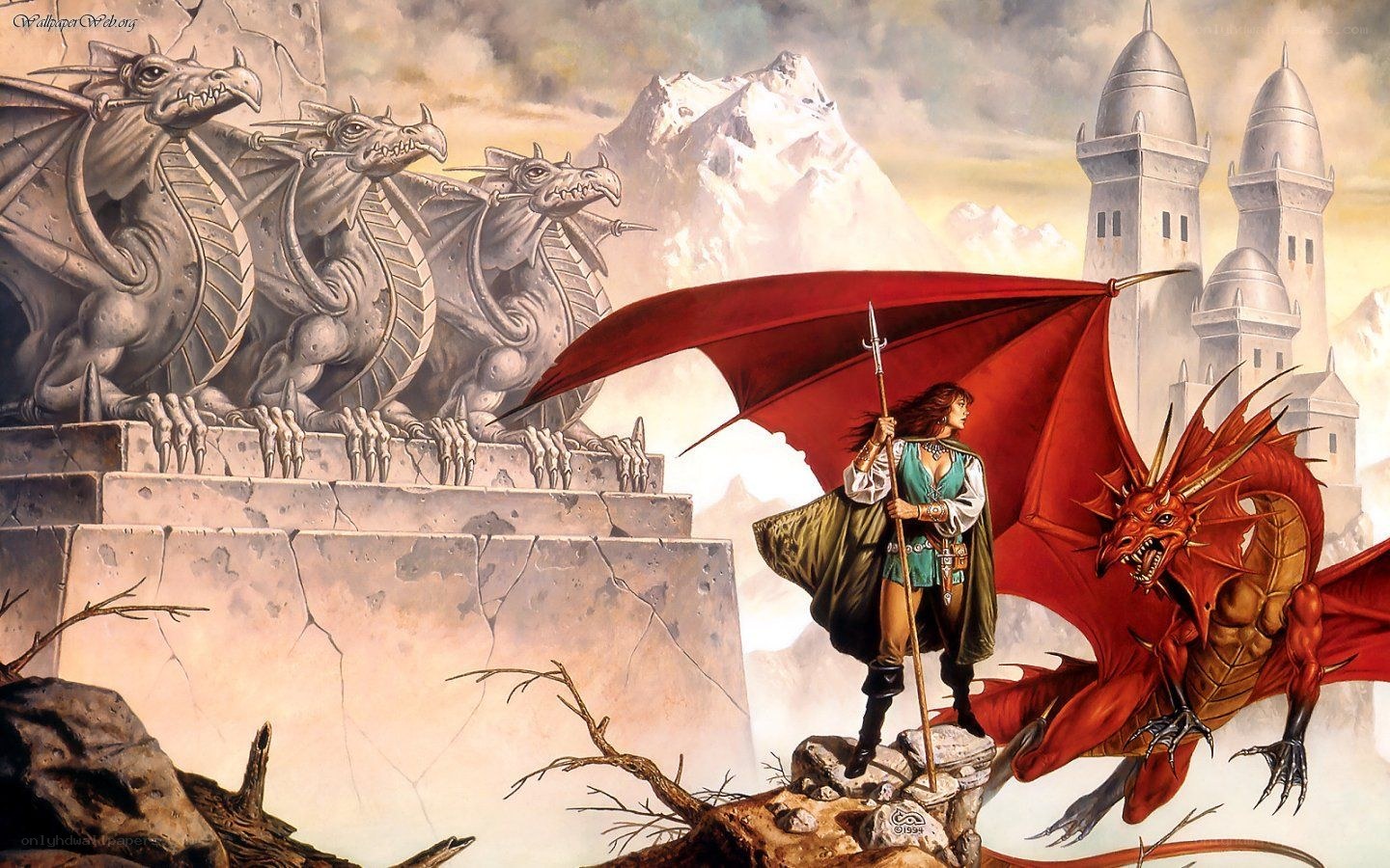 Dragon and warrior on a cliff