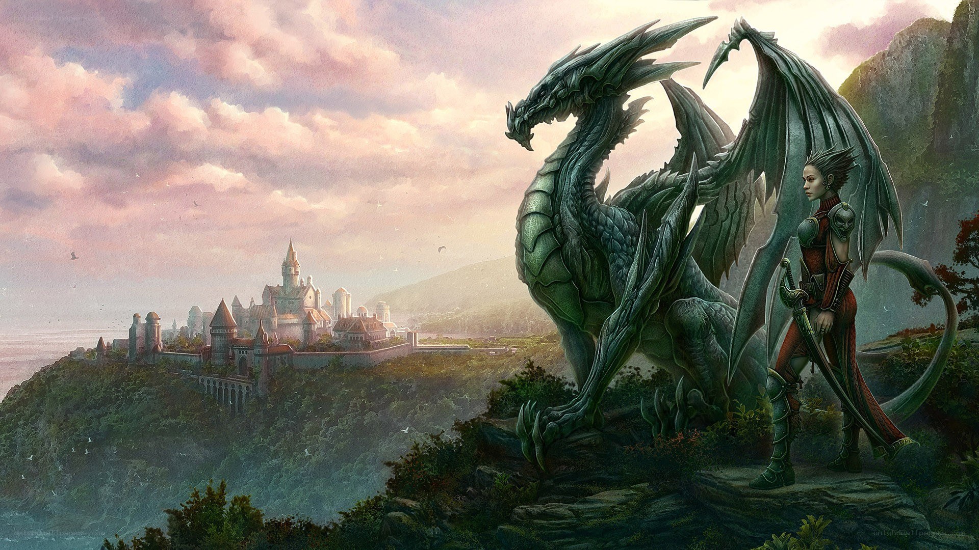 Dragon and warrior on a cliff