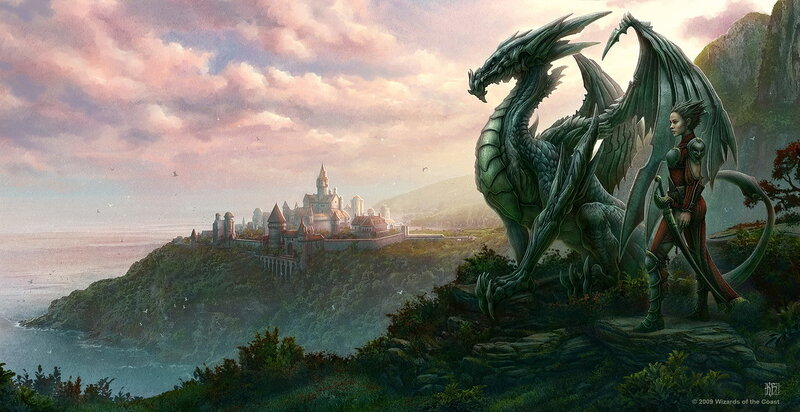 Dragon and Warrior on Cliff — Green, Dramatic
