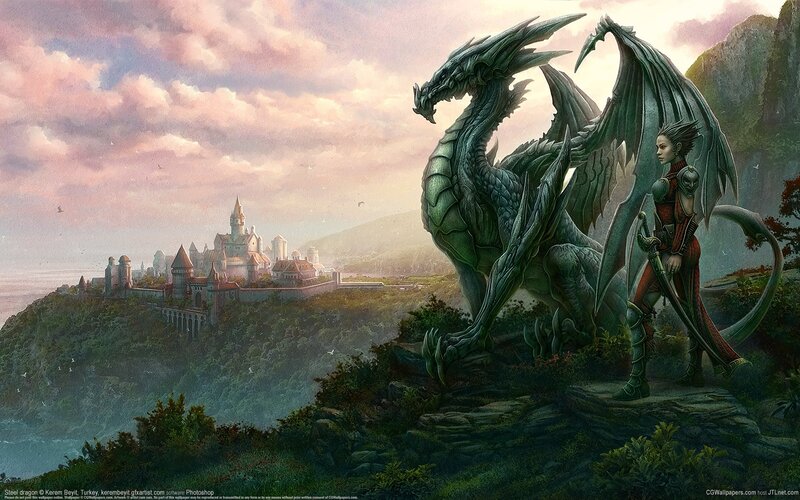 Dragon and Warrior on Cliff — Green