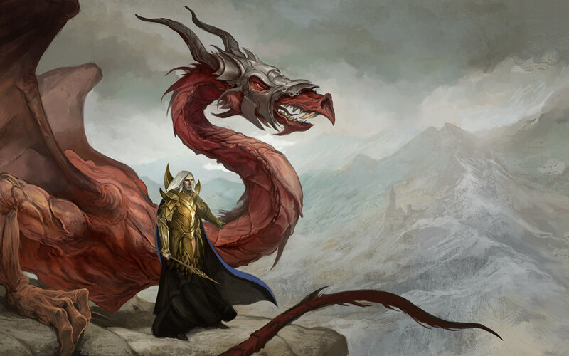 dragon and warrior on mountain