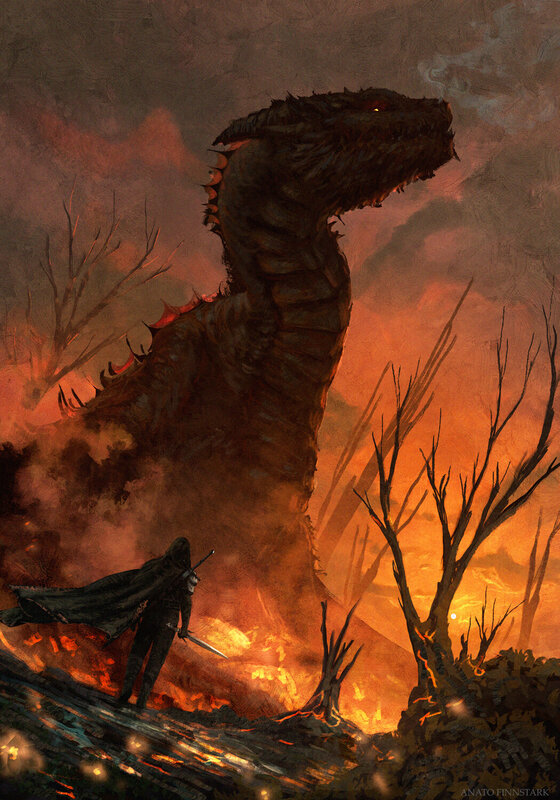 Dragon and Warrior — Orange, Dramatic, Sunset, Digital Art, Sword