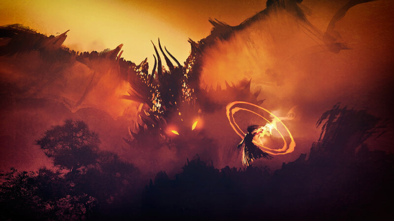 Dragon and Warrior — Orange, Dramatic, Sunset, Digital Art