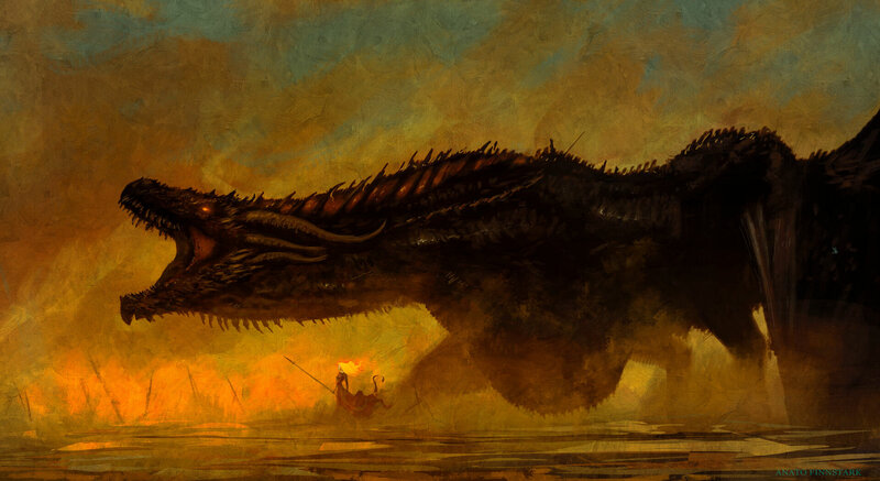 Dragon and Warrior — Orange, Dramatic, Sunset, Painting