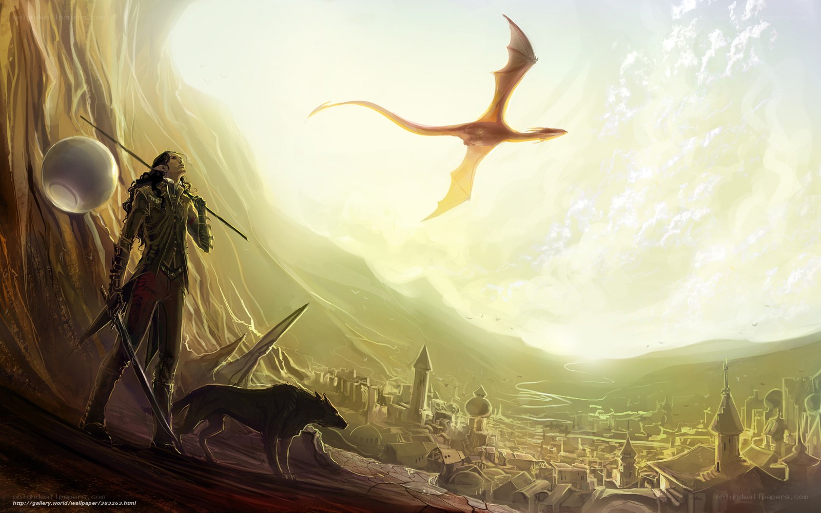 Dragon and warrior overlook city