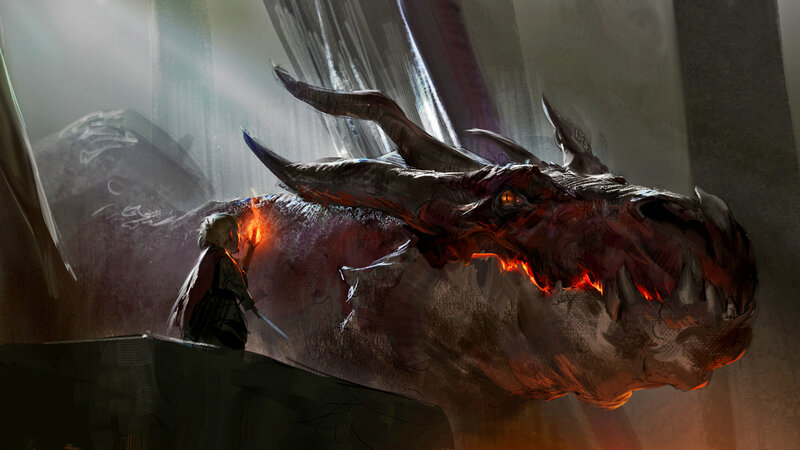 Dragon and Warrior — Red, Dramatic, Digital Art, Sword, Fire