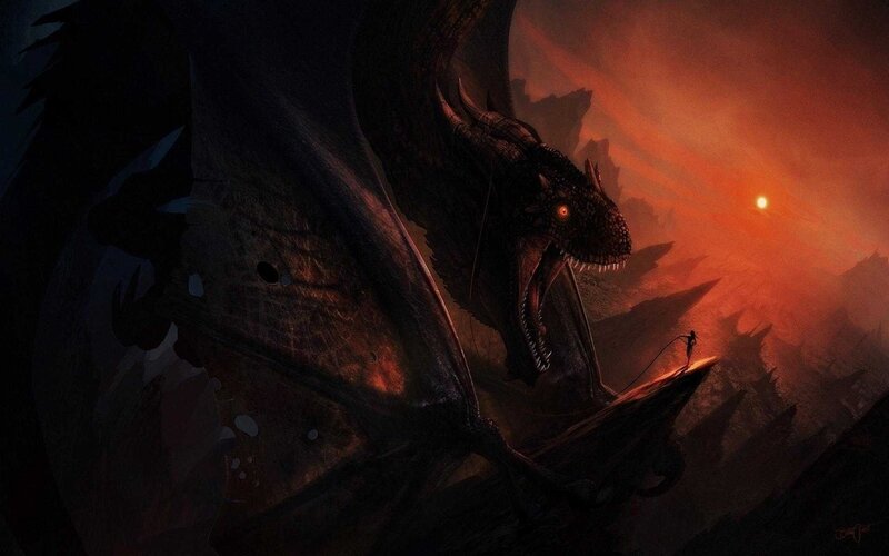 Dragon and Warrior — Red, Dramatic, Sunset, Digital Art, Sun