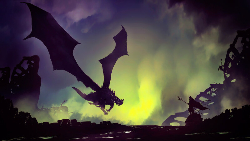 Dragon and Warrior Silhouette — Purple