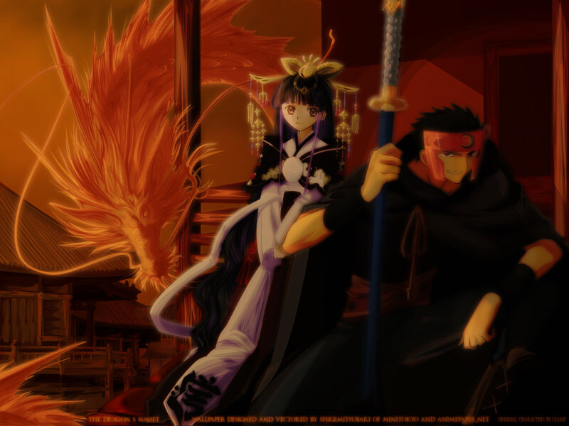 Dragon and warriors at sunset